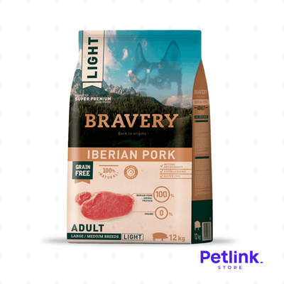 BRAVERY ALIMENTO SECO PERRO ADULTO RAZA MEDIANA Y GRANDE RECETA CERDO IBERICO LIGHT BOLSA 12 KILOS