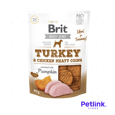 BRIT MEATY JERKY SNACK SECO PARA PERROS MEATY COINS RECETA DE PAVO, POLLO Y CALABAZA PAQUETE 80 GRAMOS