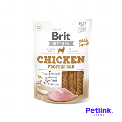 BRIT MEATY JERKY SNACK SECO PARA PERROS BARRA DE PROTEINA RECETA POLLO CON INSECTOS PAQUETE 80 GRAMOS