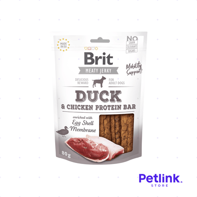 BRIT MEATY JERKY SNACK SECO PARA PERROS BARRA DE PROTEINA RECETA PATO Y POLLO PAQUETE 80 GRAMOS