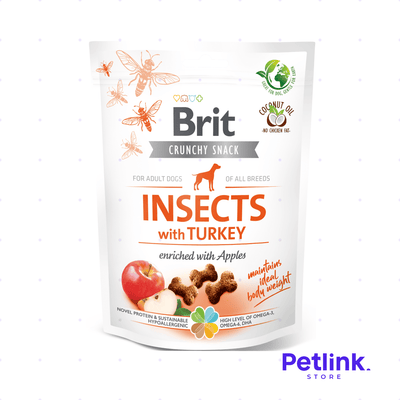 BRIT CRUNCHY SNACK SECO PARA PERROS RECETA INSECTOS CON PAVO ENRIQUECIDO CON MANZANAS PAQUETE 200 GRAMOS