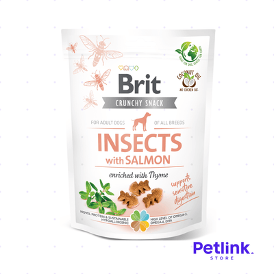 BRIT CRUNCHY SNACK SECO PARA PERROS RECETA INSECTOS CON SALMON ENRIQUECIDO CON TOMILLO PAQUETE 200 GRAMOS