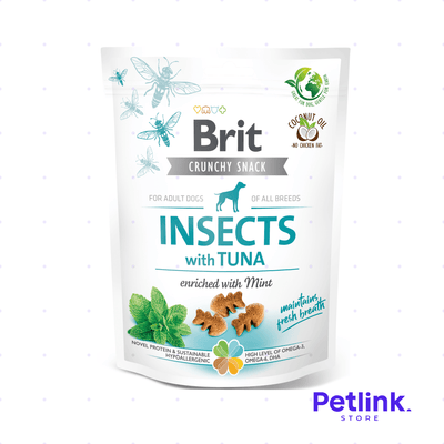 BRIT CRUNCHY SNACK SECO PARA PERROS RECETA INSECTOS CON ATUN ENRIQUECIDO CON MENTA PAQUETE 200 GRAMOS