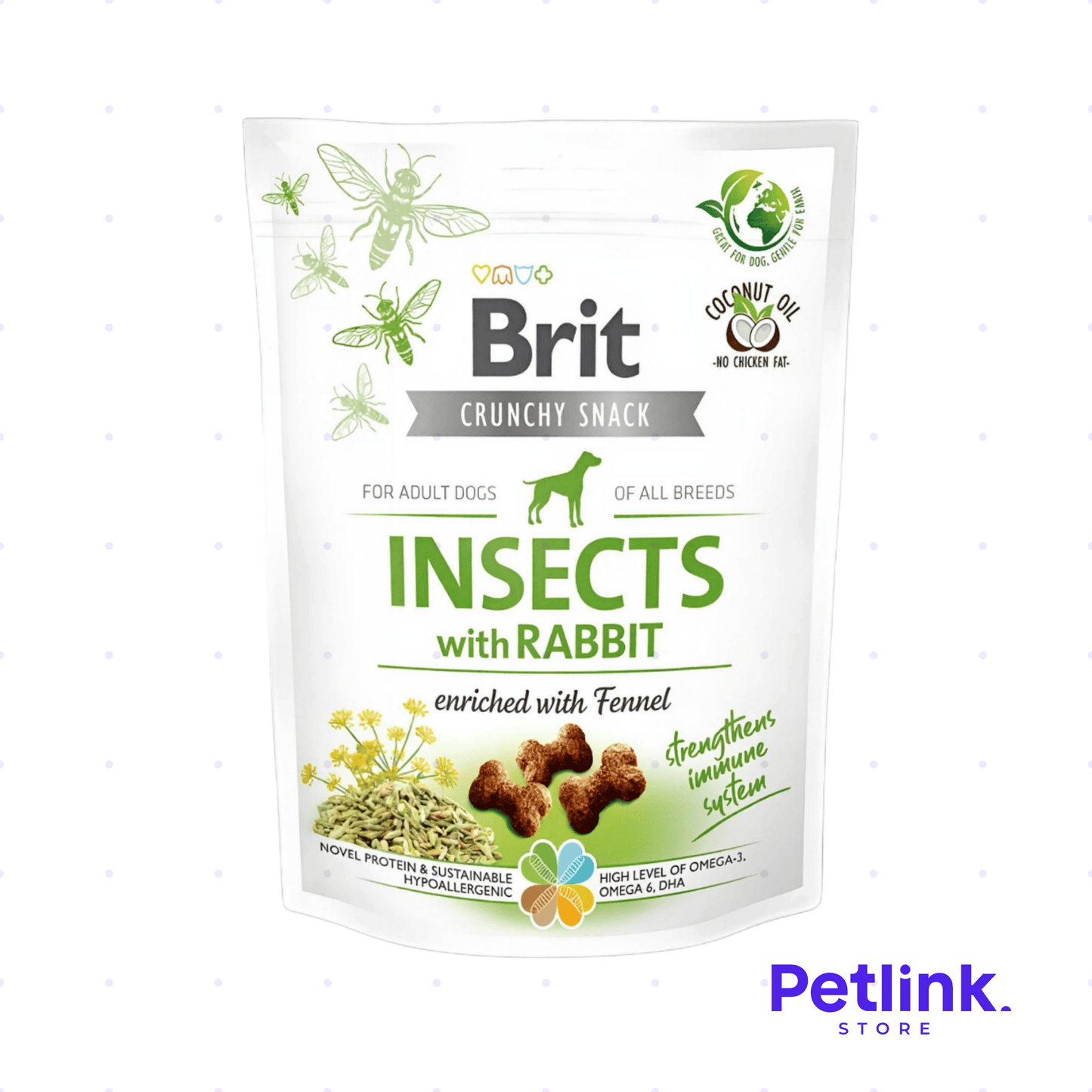 BRIT CRUNCHY SNACK SECO PARA PERROS RECETA INSECTOS CON CONEJO ENRIQUECIDO CON HINOJO PAQUETE 200 GRAMOS