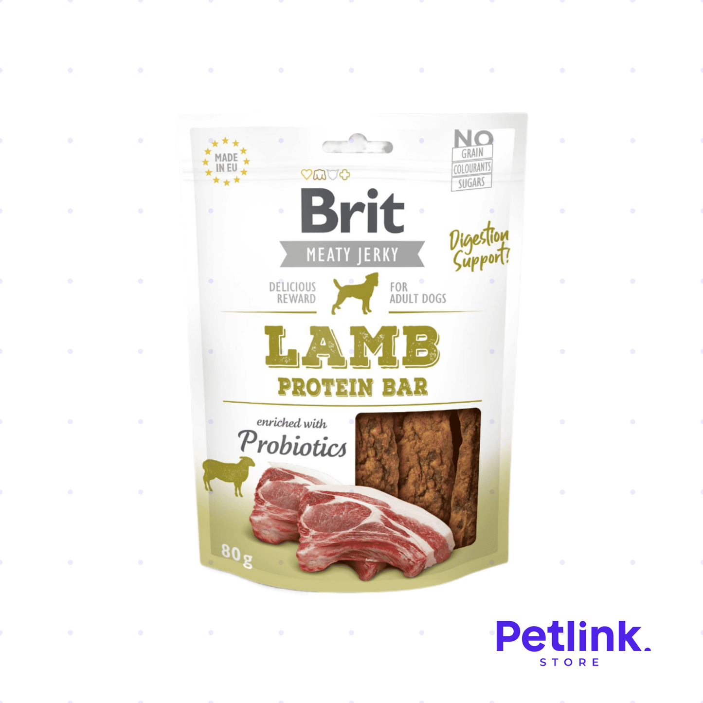 BRIT MEATY JERKY SNACK SECO PARA PERROS BARRA DE PROTEINA RECETA CORDERO Y POLLO PAQUETE 80 GRAMOS