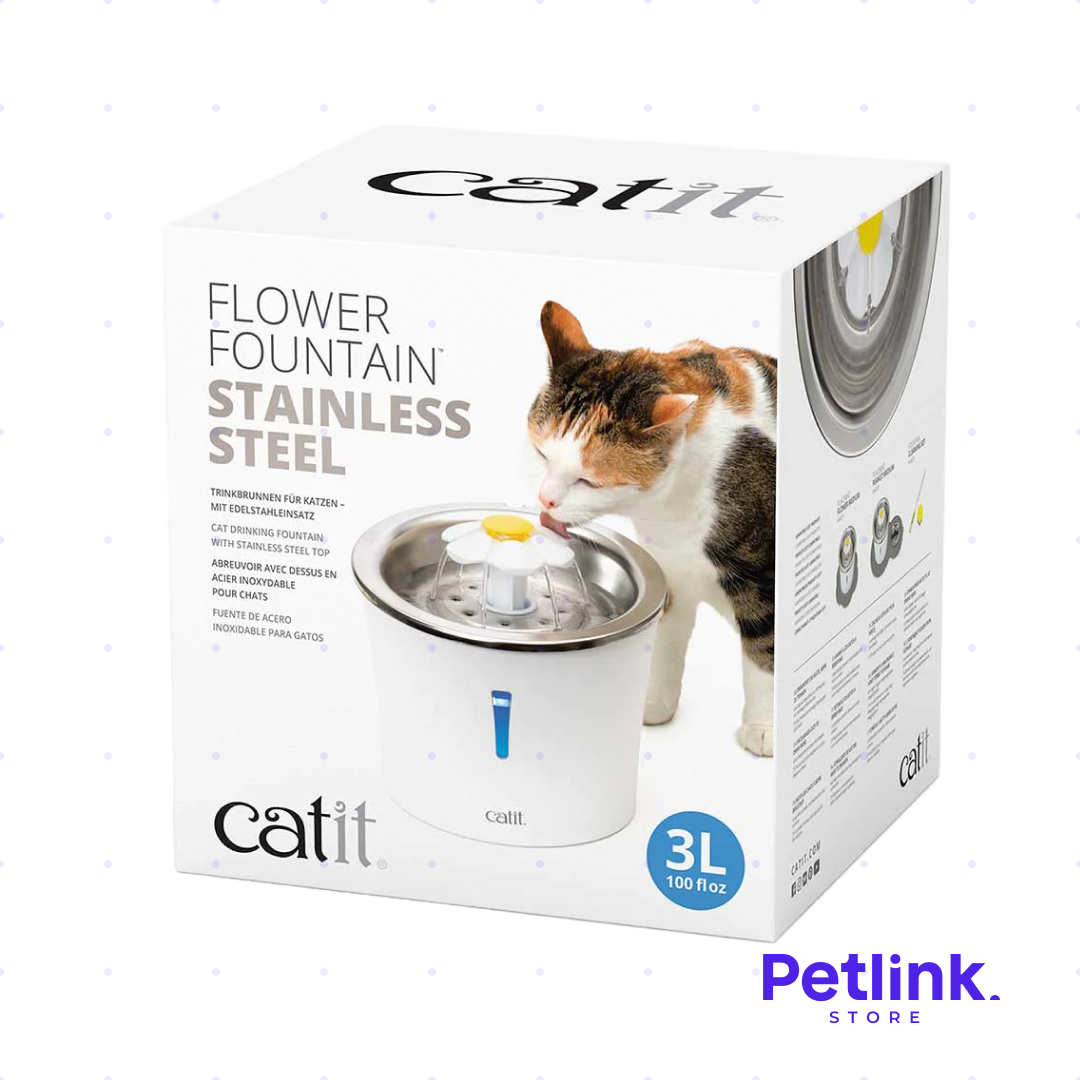 CAT IT FUENTE DE AGUA PARA GATOS ACERO INOXIDABLE CON LUZ LED DISEÑO DE FLOR CON CAPACIDAD PARA 3 LITROS COLOR BLANCO