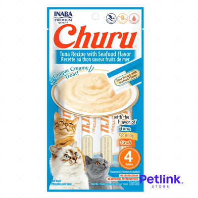 CHURU SNACK HUMEDO PARA GATOS SABOR ATUN CON CONCHAS DE ABANICO Y CANGREJO