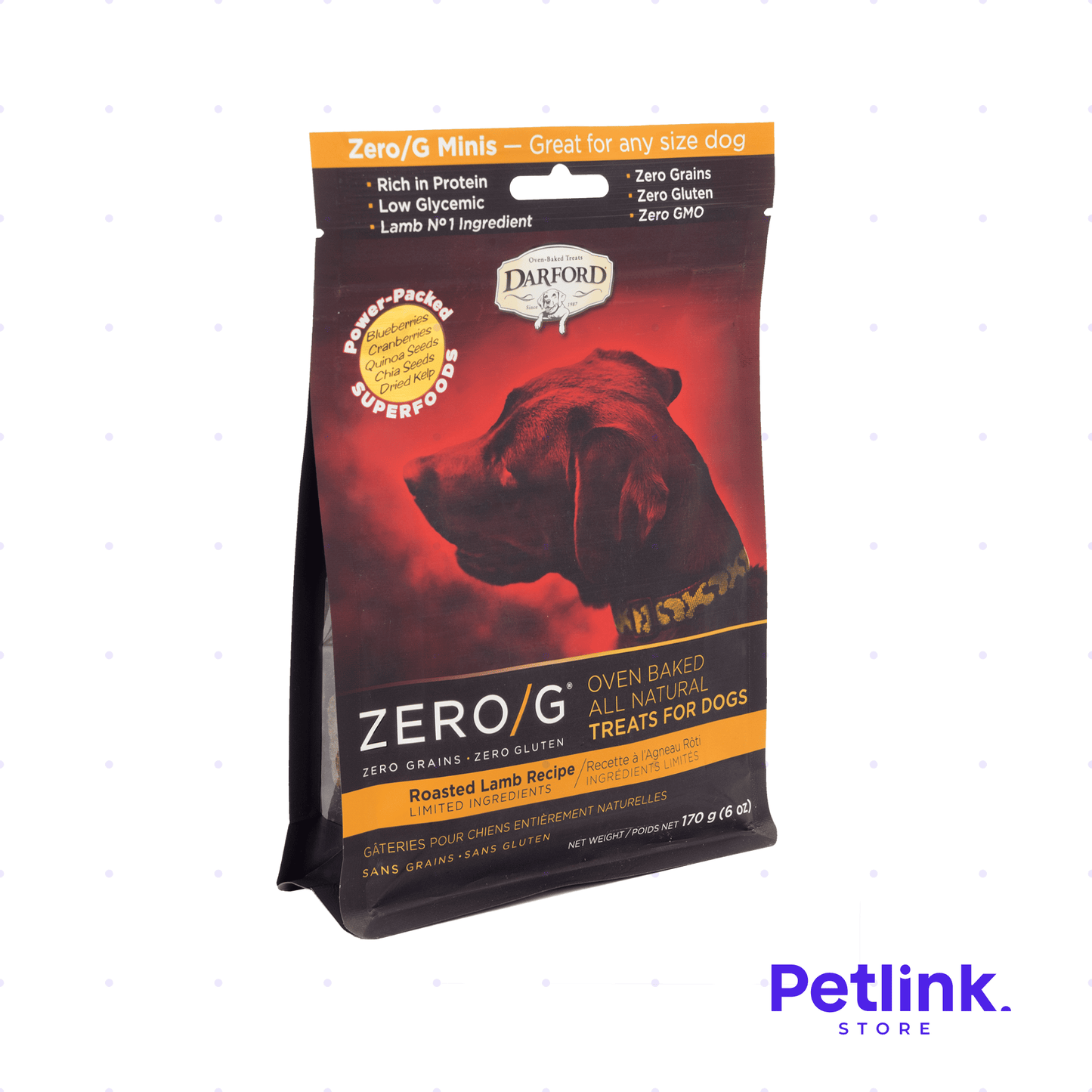DARFORD ZERO G SNACK SECO PARA PERROS TODAS LAS RAZAS RECETA CORDERO ASADO PAQUETE 170 GRAMOS