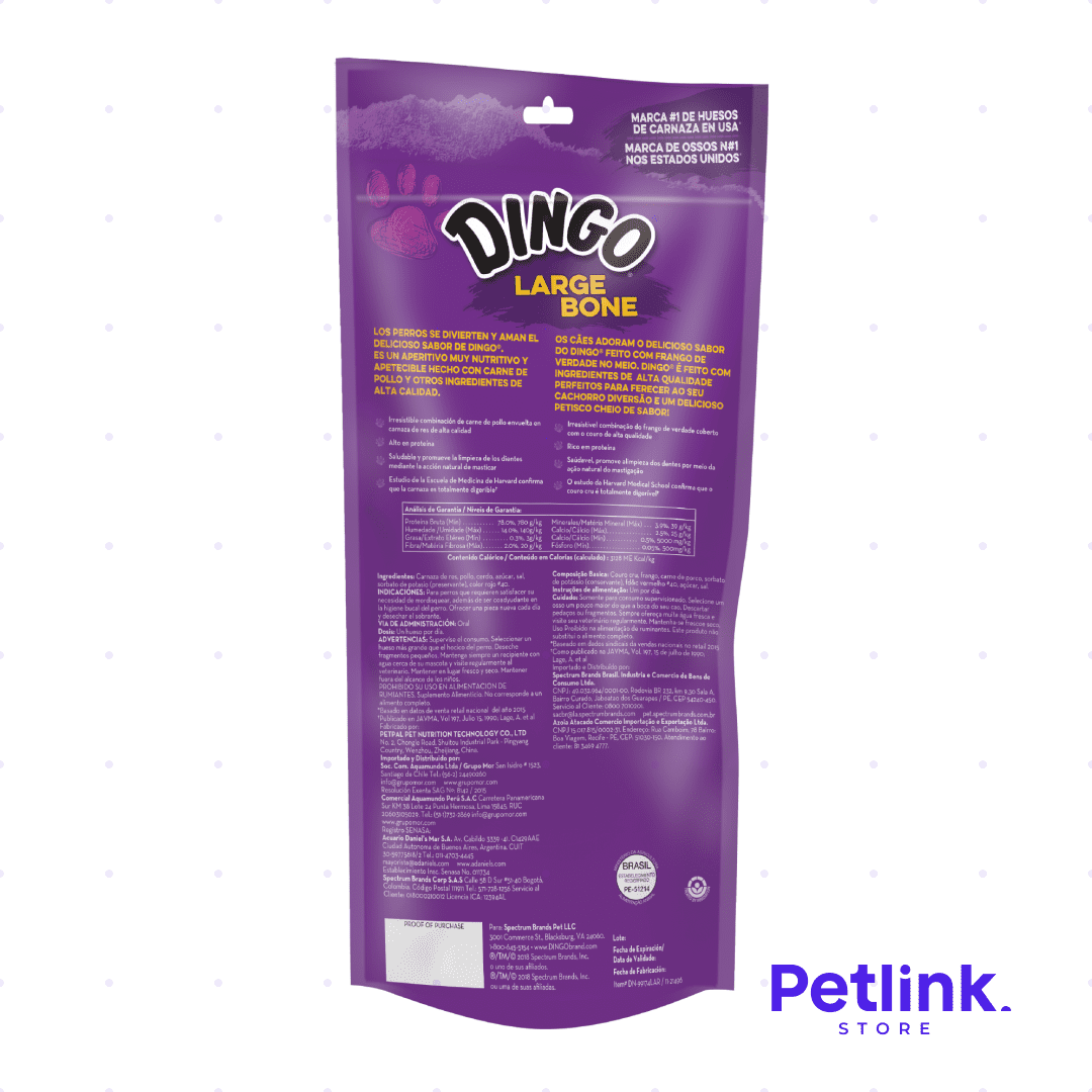 DINGO SNACK CARNAZA LARGE BONE PARA PERROS SABOR POLLO PAQUETE 1 UNIDAD