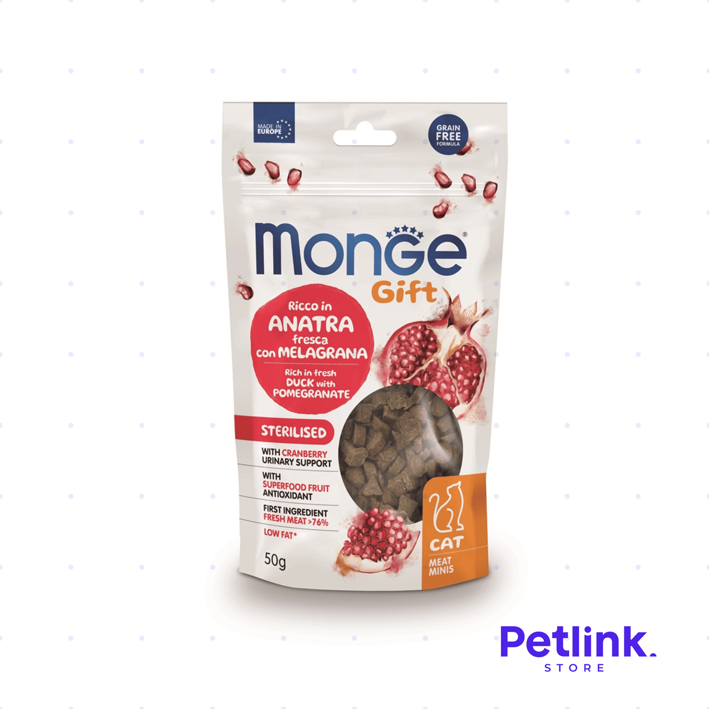 MONGE GIFT MEAT MINIS SNACK SECO PARA GATO ESTERILIZADO RECETA PATO Y GRANADA PAQUETE 50 GRAMOS