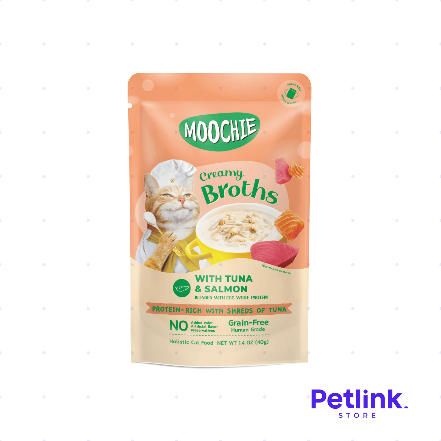 MOOCHIE CREAMY ALIMENTO HUMEDO GATO ADULTO SOPITA CREMOSA RECETA ATUN CON SALMON SOBRE 40 GRAMOS