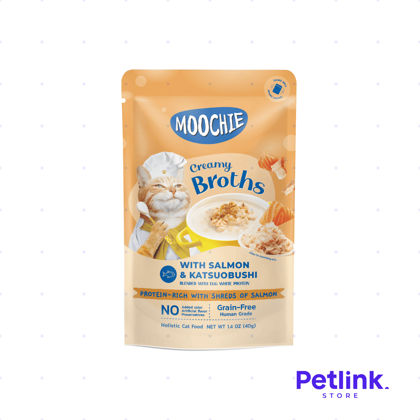 MOOCHIE CREAMY ALIMENTO HUMEDO GATO ADULTO SOPITA CREMOSA RECETA SALMON CON KATSUOBUSHI SOBRE 40 GRAMOS