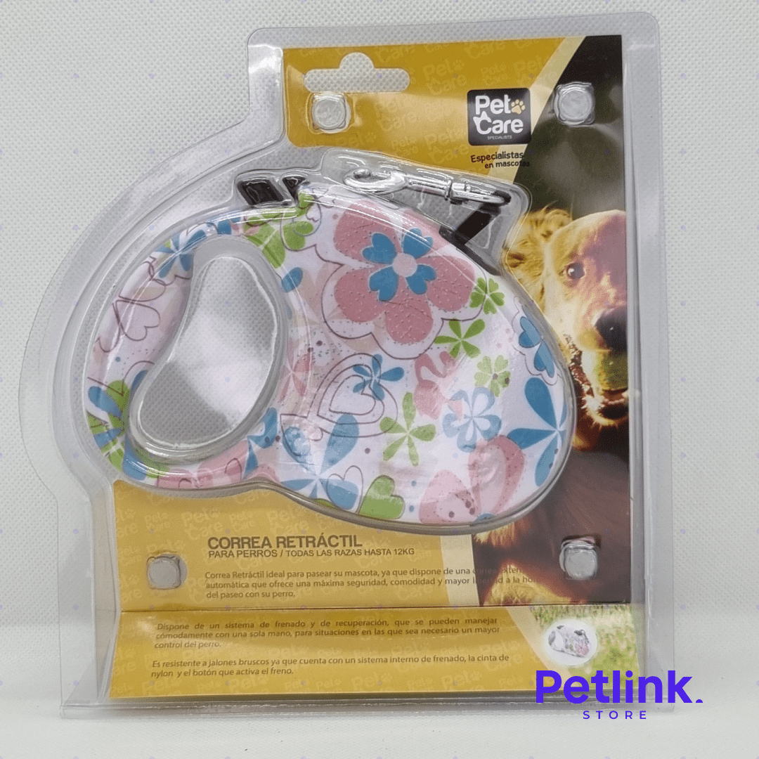 PETCARE CORREA RETRACTIL CON SISTEMA DE FRENADO PARA PERRO TODAS LAS RAZAS HASTA 12KG DISEÑO DE FLORES