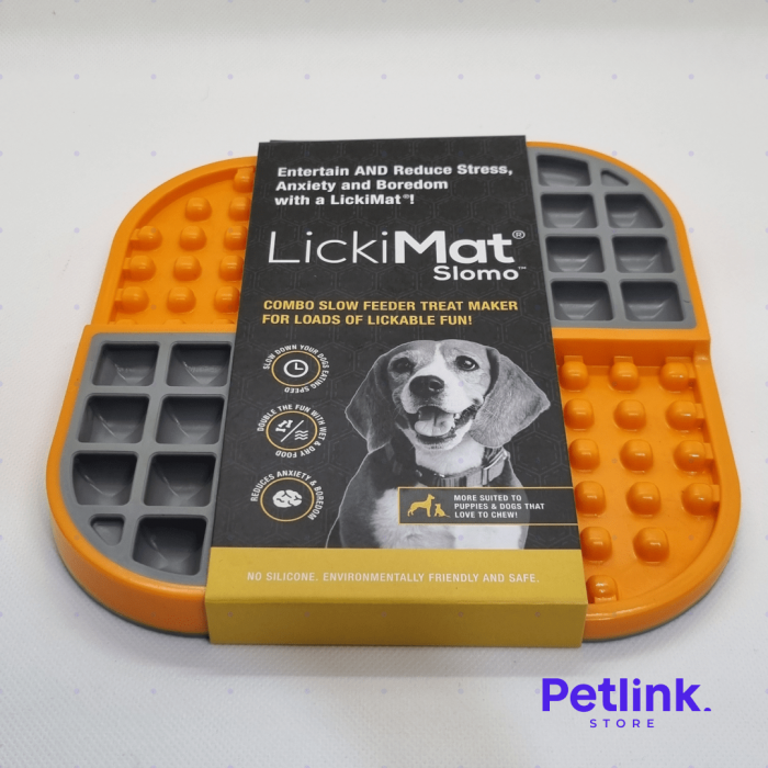 LICKIMAT PLATO ALIMENTADOR LENTO PARA PERROS MODELO SLOMO COLOR NARANJA CON GRIS
