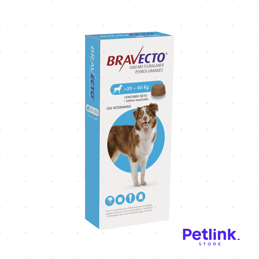 BRAVECTO ANTIPULGAS PARA PERROS PESO 20KG A 40KG CONTIENE 1 TABLETA MASTICABLE 1000MG