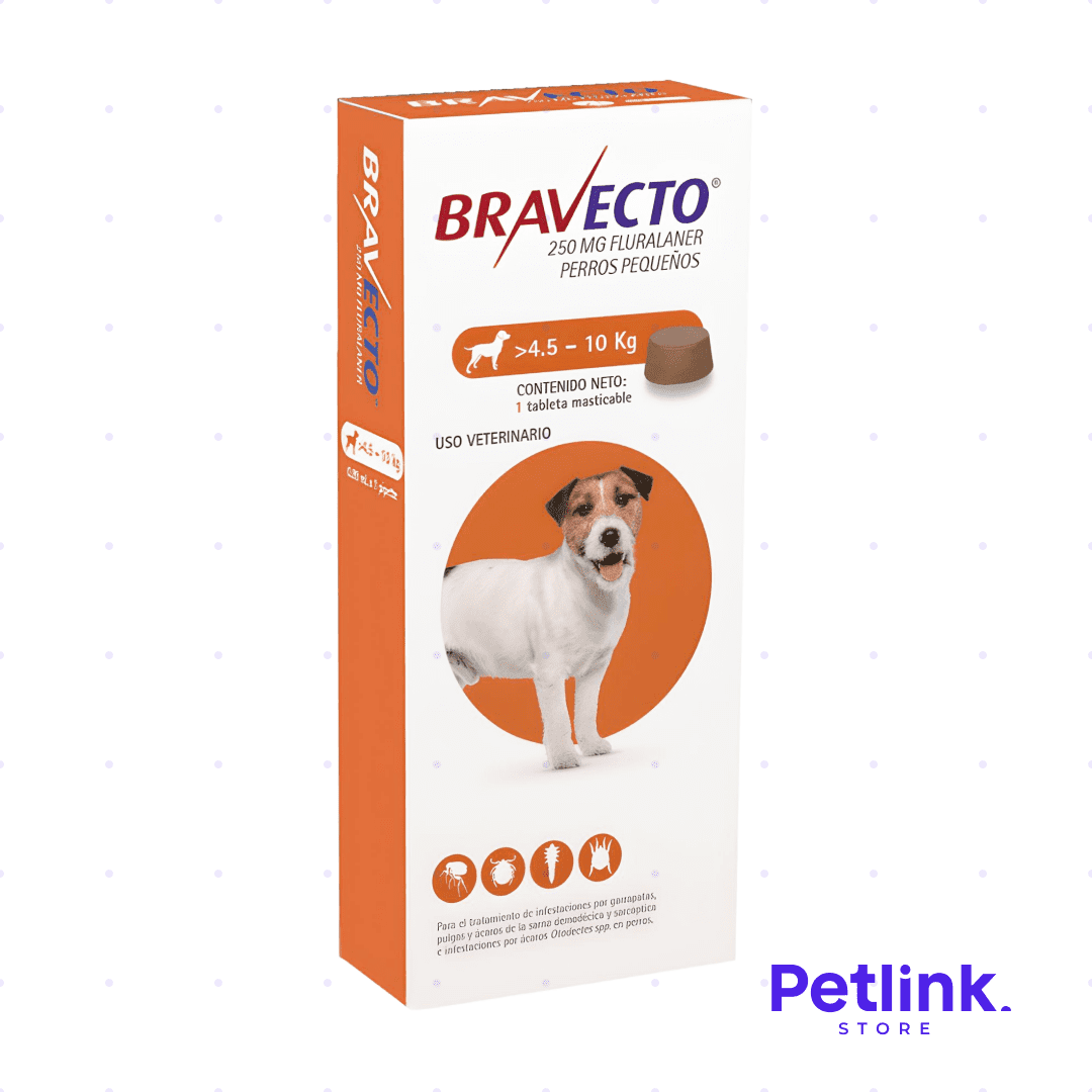 BRAVECTO ANTIPULGAS PARA PERROS PESO 4.5KG A 10KG CONTIENE 1 TABLETA MASTICABLE 250MG