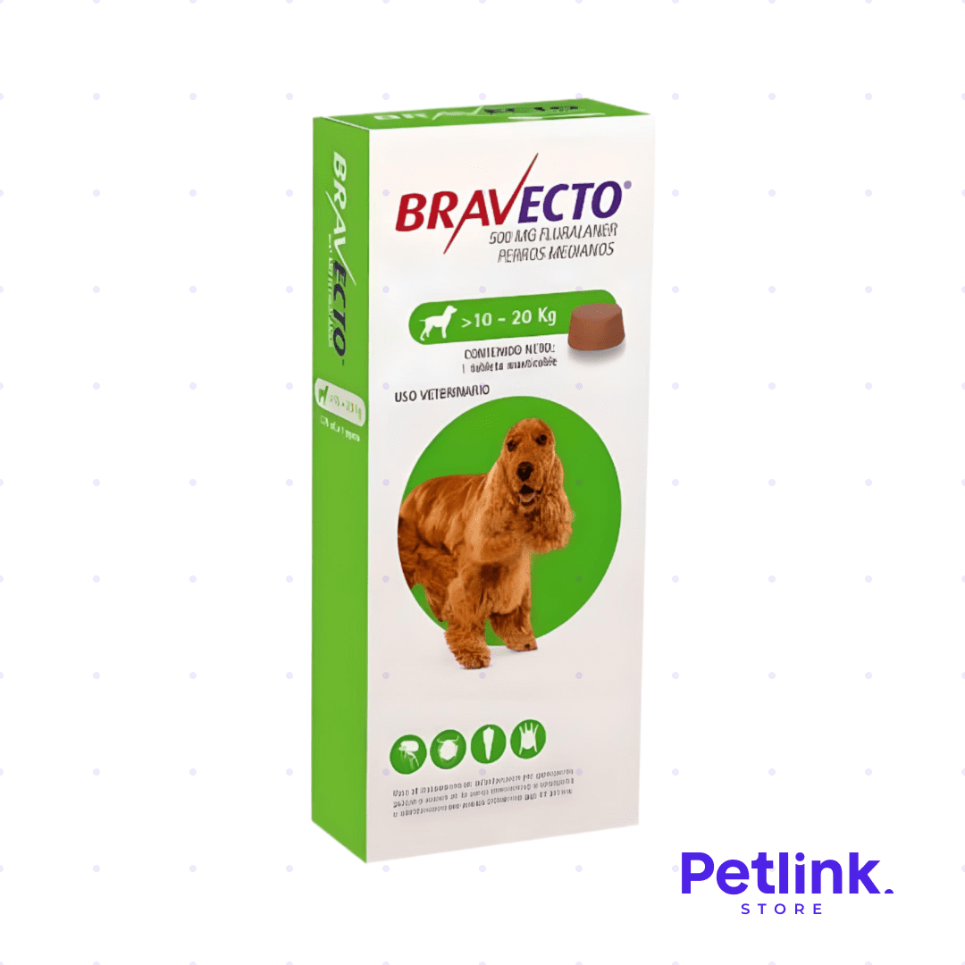 BRAVECTO ANTIPULGAS PARA PERROS PESO 10KG A 20KG CONTIENE 1 TABLETA MASTICABLE 500MG