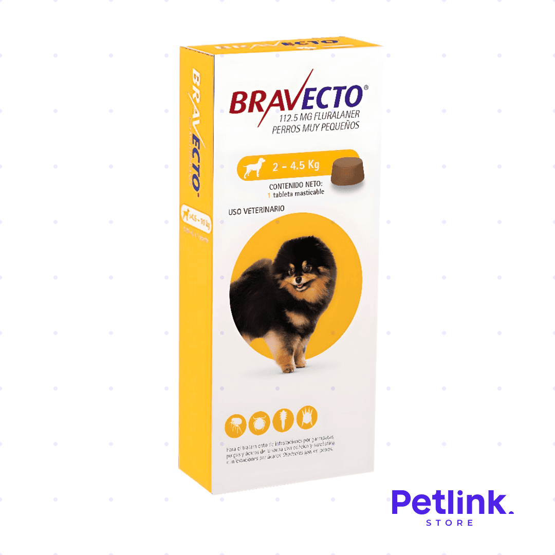 BRAVECTO ANTIPULGAS PARA PERROS PESO 2KG A 4.5KG CONTIENE 1 TABLETA MASTICABLE 112.50MG