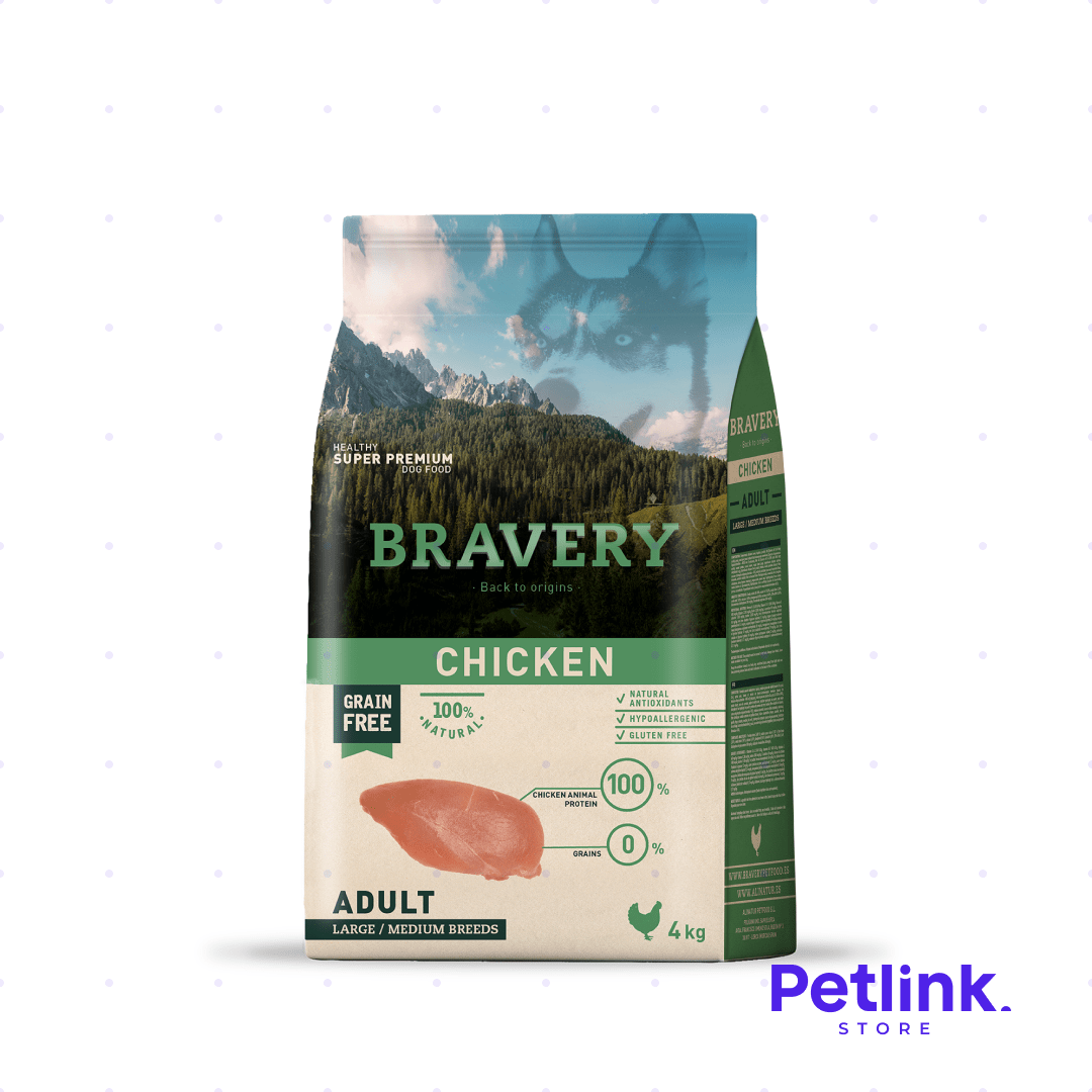 BRAVERY ALIMENTO SECO PERRO ADULTO RAZA MEDIANA Y GRANDE RECETA POLLO BOLSA 4 KILOS