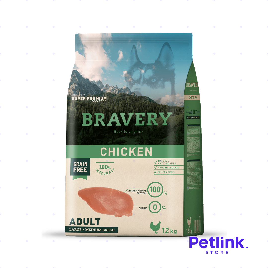 BRAVERY ALIMENTO SECO PERRO ADULTO RAZA MEDIANA Y GRANDE RECETA POLLO BOLSA 12 KILOS