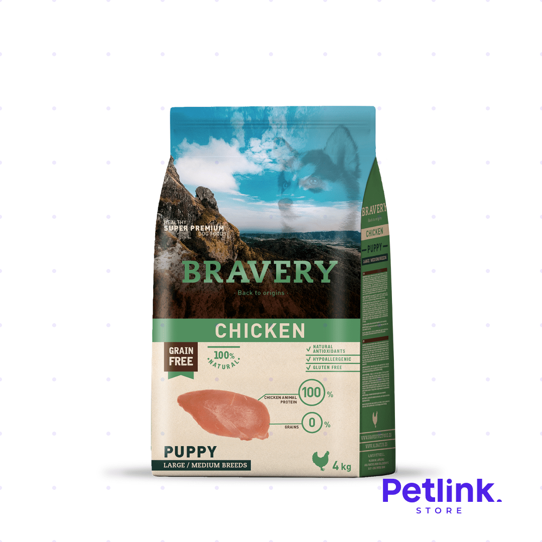 BRAVERY ALIMENTO SECO PERRO CACHORRO RAZA MEDIANA Y GRANDE RECETA POLLO BOLSA 4 KILOS