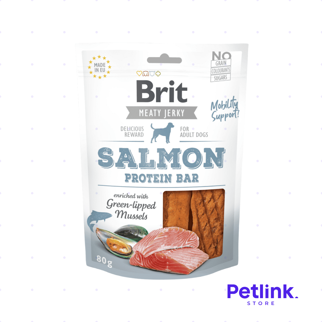 BRIT MEATY JERKY SNACK SECO PARA PERROS BARRA DE PROTEINA RECETA SALMON PAQUETE 80 GRAMOS