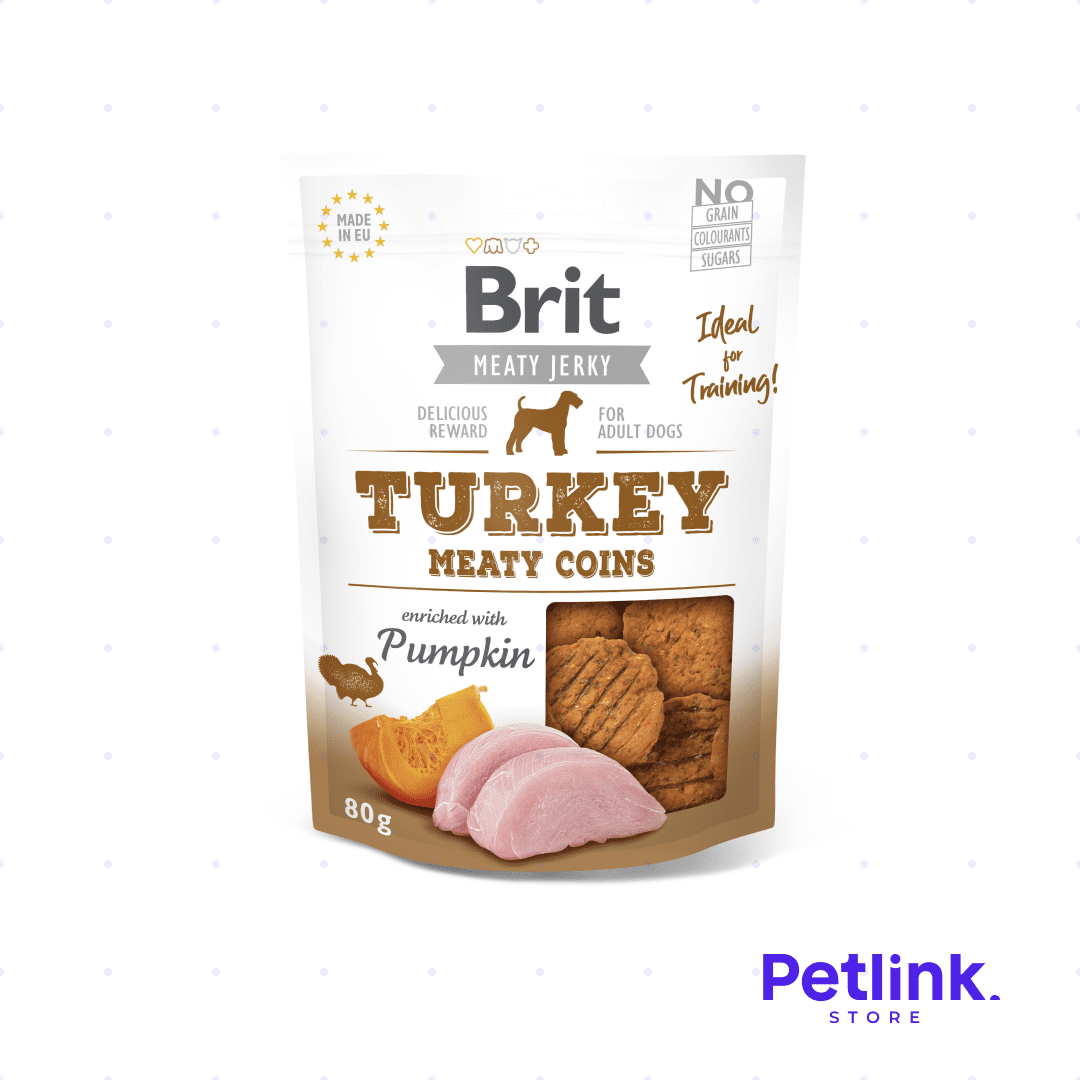 BRIT MEATY JERKY SNACK SECO PARA PERROS MEATY COINS RECETA DE PAVO Y CALABAZA PAQUETE 80 GRAMOS