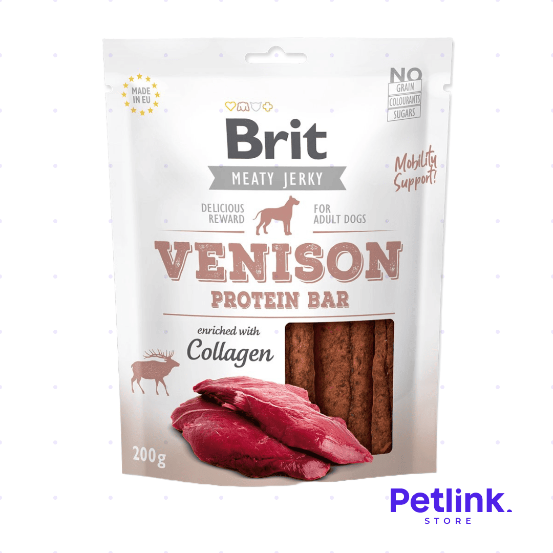 BRIT MEATY JERKY SNACK SECO PARA PERROS BARRA DE PROTEINA RECETA VENADO PAQUETE 200 GRAMOS