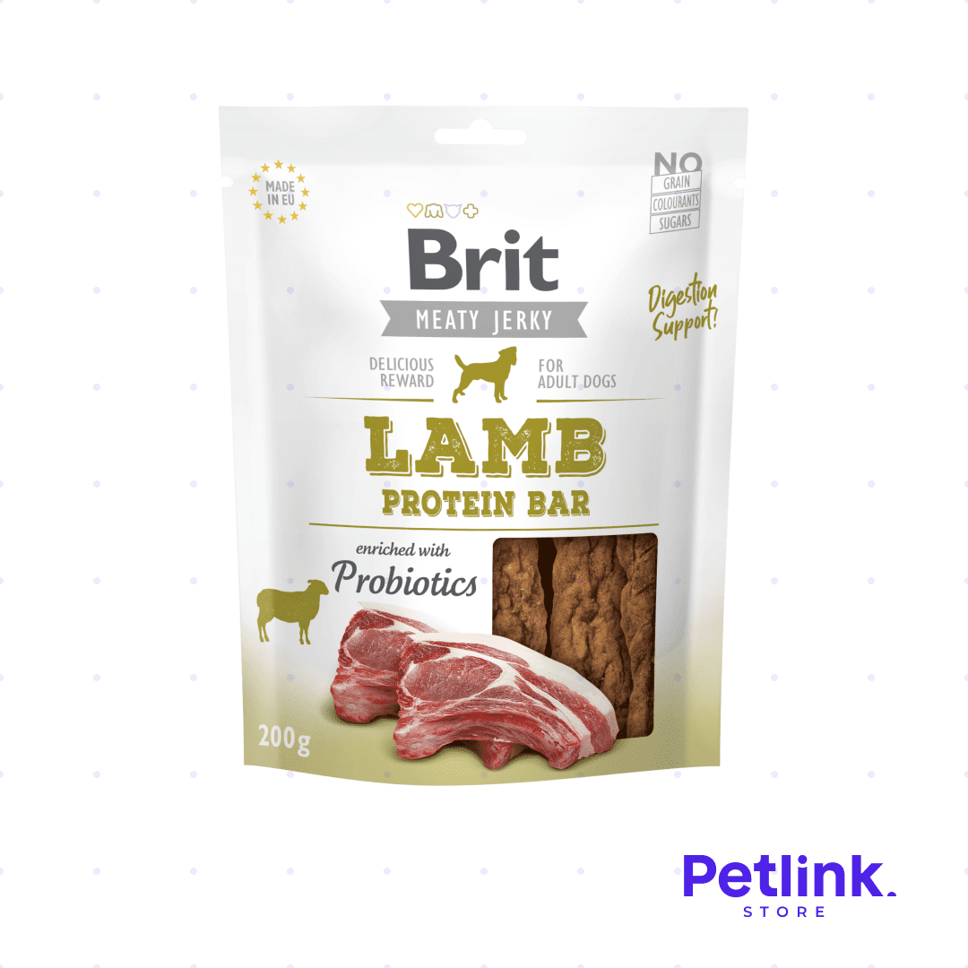 BRIT MEATY JERKY SNACK SECO PARA PERROS BARRA DE PROTEINA RECETA CORDERO PAQUETE 200 GRAMOS