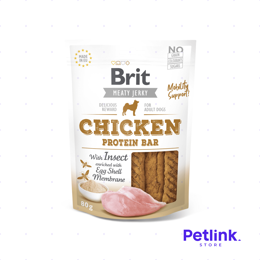 BRIT MEATY JERKY SNACK SECO PARA PERROS BARRA DE PROTEINA RECETA POLLO CON INSECTOS PAQUETE 80 GRAMOS