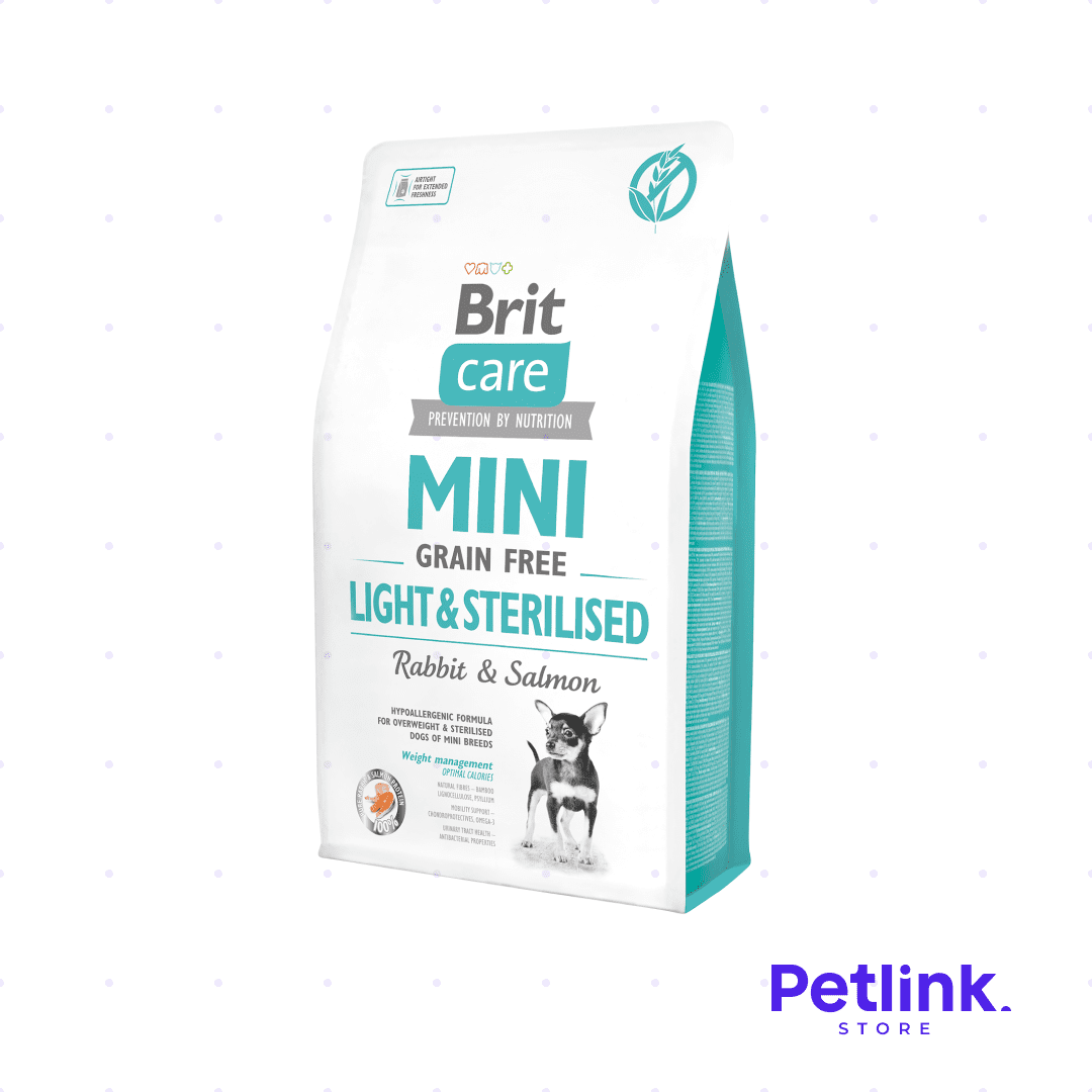 BRIT CARE ALIMENTO SECO LIBRE DE GRANOS LIGHT & STERILISED PERRO ADULTO RAZA MINIATURA Y PEQUEÑA FORMULA CONEJO Y SALMON BOLSA 2 KILOS