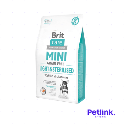 BRIT CARE ALIMENTO SECO LIBRE DE GRANOS LIGHT & STERILISED PERRO ADULTO RAZA MINIATURA Y PEQUEÑA FORMULA CONEJO Y SALMON BOLSA 2 KILOS