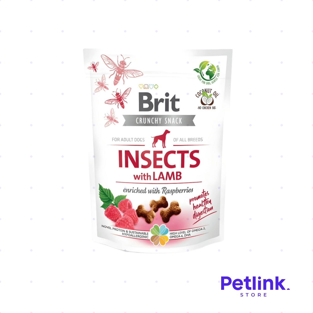 BRIT CRUNCHY SNACK SECO PARA PERROS RECETA INSECTOS CON CORDERO ENRIQUECIDO CON FRAMBUESAS PAQUETE 200 GRAMOS