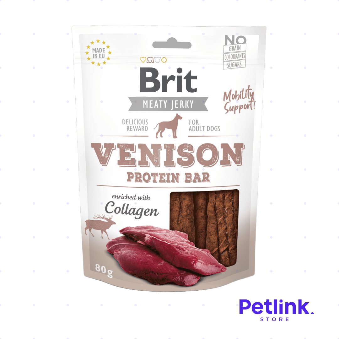 BRIT MEATY JERKY SNACK SECO PARA PERROS BARRA DE PROTEINA RECETA VENADO PAQUETE 80 GRAMOS