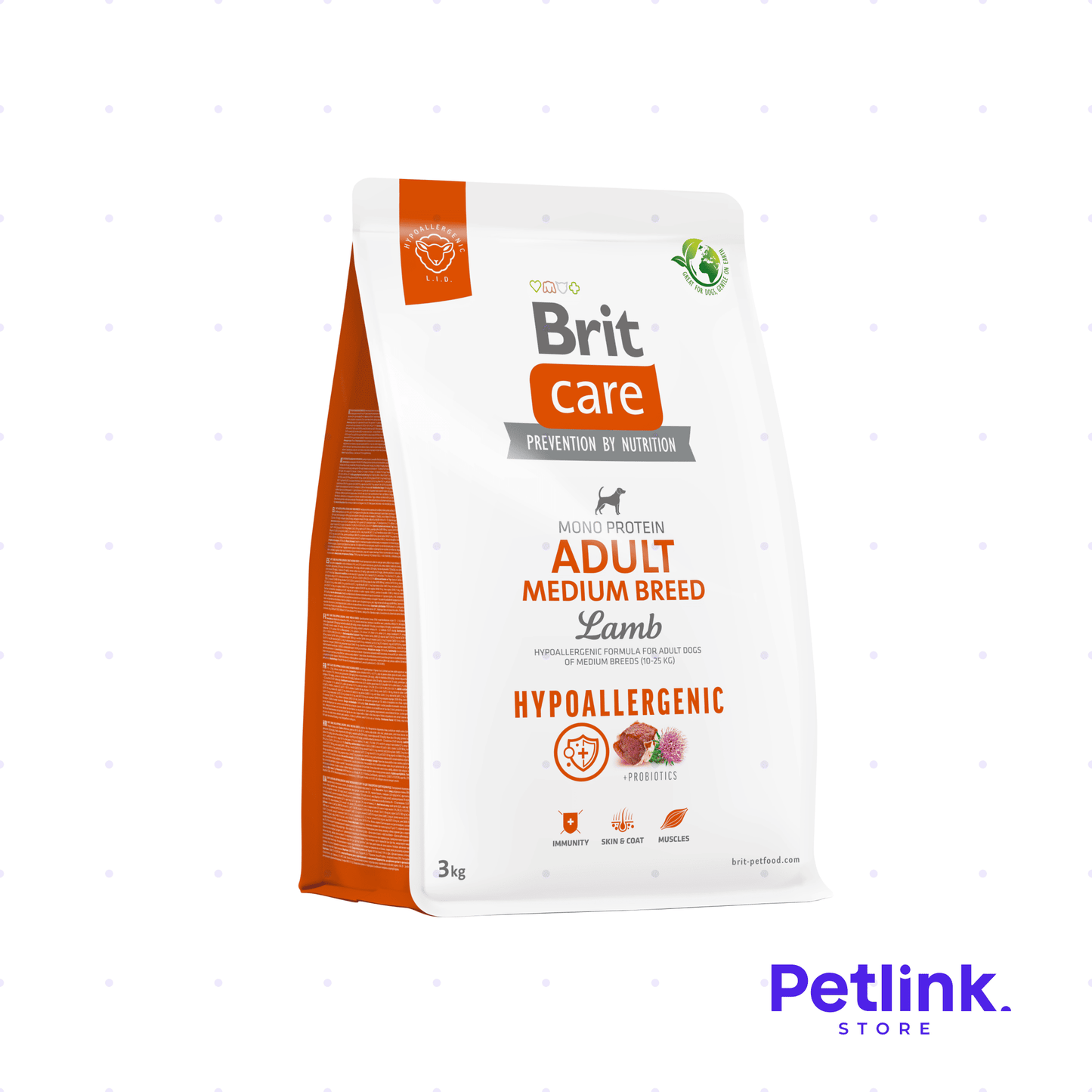 BRIT CARE ALIMENTO SECO HIPOALERGENICO PERRO ADULTO RAZA MEDIANA FORMULA CORDERO BOLSA 3 KILOS