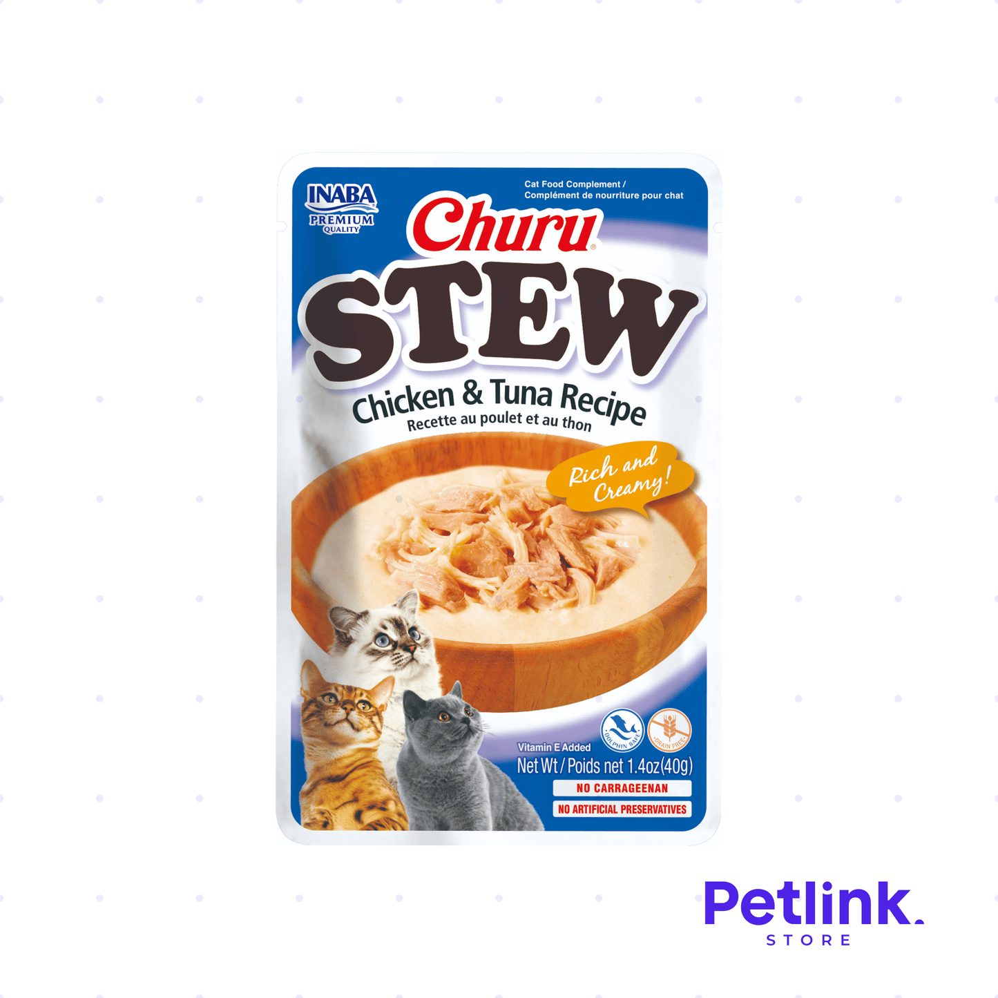 CHURU STEW SNACK HUMEDO CREMOSO PARA GATOS RECETA CREMITA CON TROCITOS DE POLLO Y ATUN SOBRE 40 GRAMOS