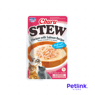 CHURU STEW SNACK HUMEDO CREMOSO PARA GATOS RECETA CREMITA CON TROCITOS DE POLLO Y SALMON SOBRE 40 GRAMOS