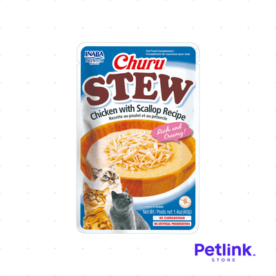 CHURU STEW SNACK HUMEDO CREMOSO PARA GATOS RECETA CREMITA CON TROCITOS DE POLLO Y CONCHAS DE ABANICO SOBRE 40 GRAMOS