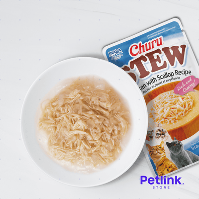 CHURU STEW SNACK HUMEDO CREMOSO PARA GATOS RECETA CREMITA CON TROCITOS DE POLLO Y CONCHAS DE ABANICO SOBRE 40 GRAMOS