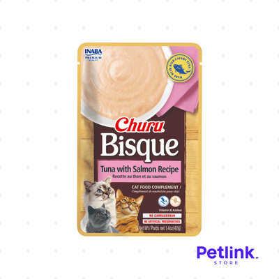 CHURU BISQUE SNACK HUMEDO CREMOSO PARA GATOS CREMITA RECETA ATUN CON SALMON SOBRE 40 GRAMOS