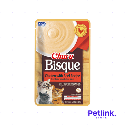 CHURU BISQUE SNACK HUMEDO CREMOSO PARA GATOS CREMITA RECETA POLLO CON CARNE DE RES SOBRE 40 GRAMOS