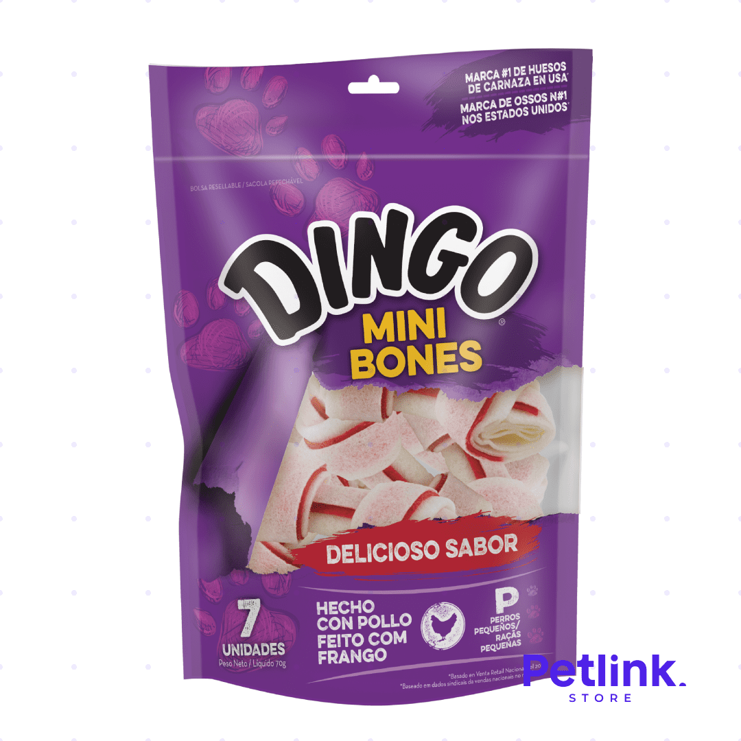 DINGO SNACK CARNAZA MINI BONES PARA PERROS SABOR POLLO PAQUETE 7 UNIDADES