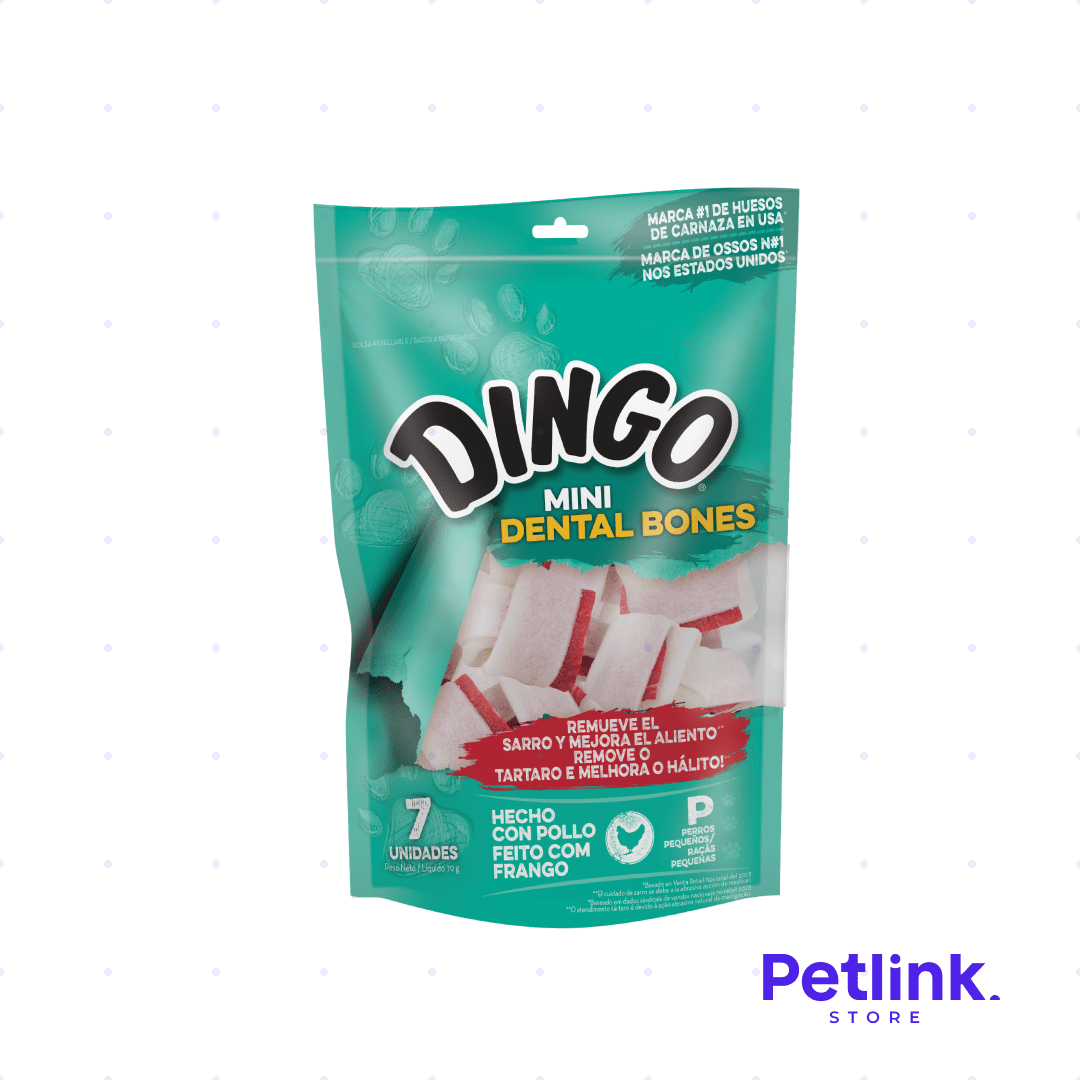 DINGO SNACK CARNAZA MINI DENTAL BONES PARA PERROS SABOR POLLO PAQUETE 7 UNIDADES