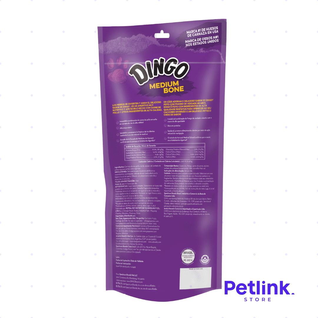 DINGO SNACK CARNAZA MEDIUM BONE PARA PERROS SABOR POLLO PAQUETE 1 UNIDAD