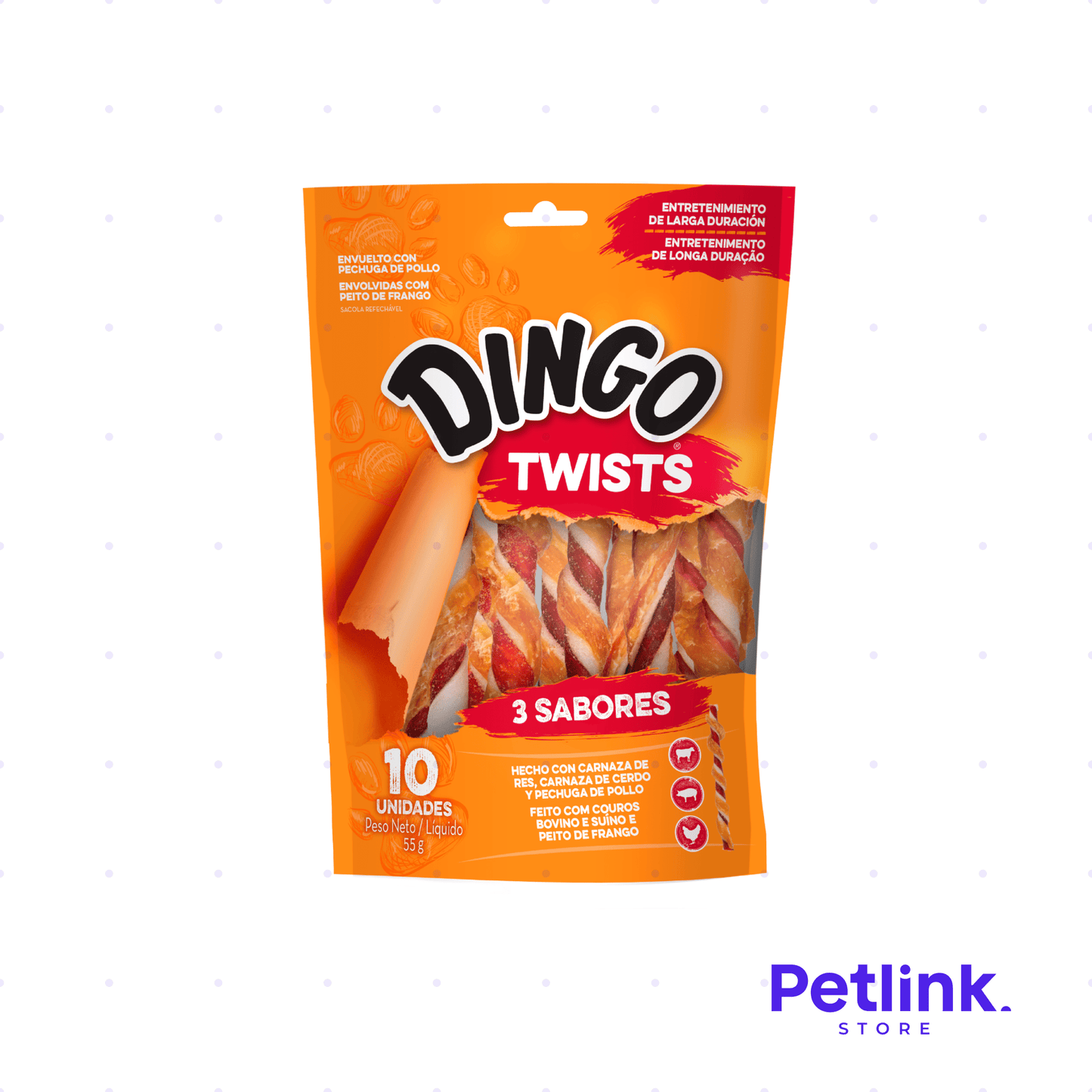 DINGO TWISTS SNACK PARA PERROS 3 SABORES CON CARNAZA DE RES, CERDO Y PECHUGA DE POLLO PAQUETE 10 UNIDADES