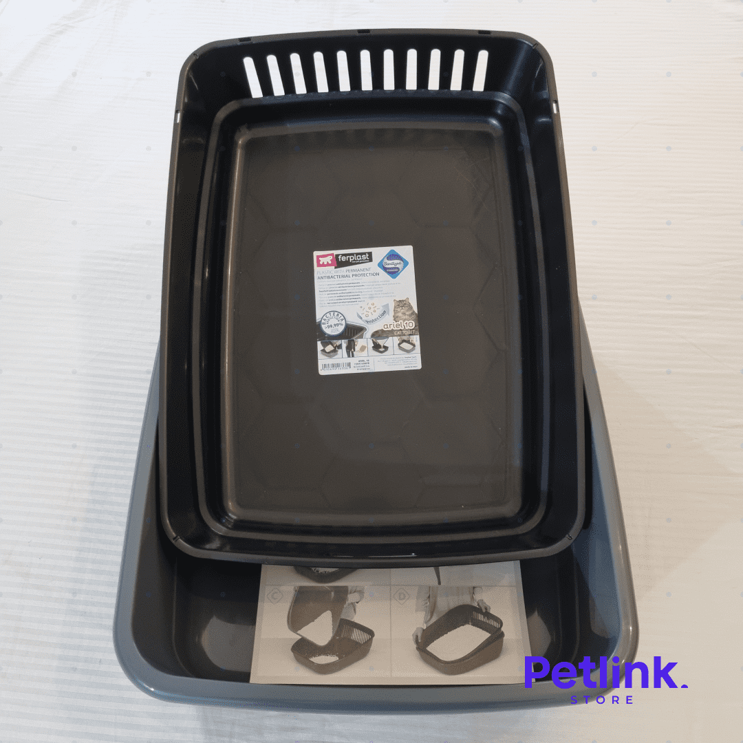 FERPLAST ARENERO ABIERTO CON SISTEMA DE TAMIZ EVITA DESPERDICIO PARA GATOS MODELO ARIEL 10 COLOR GRIS CON NEGRO