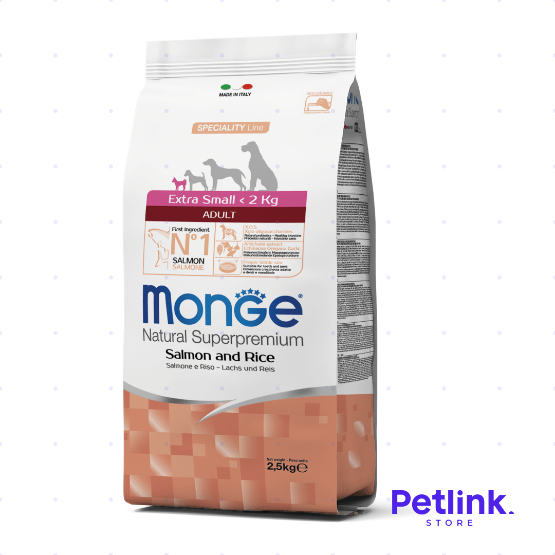 MONGE ALIMENTO SECO PERRO ADULTO RAZA MINIATURA RECETA SALMON Y ARROZ BOLSA 2.50 KILOS