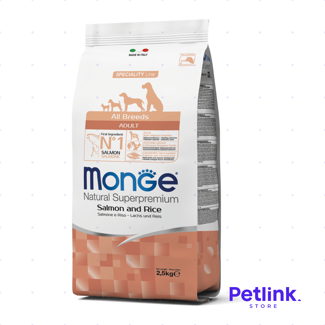 MONGE ALIMENTO SECO PERRO ADULTO TODAS LAS RAZAS RECETA SALMON Y ARROZ BOLSA 2.50 KILOS