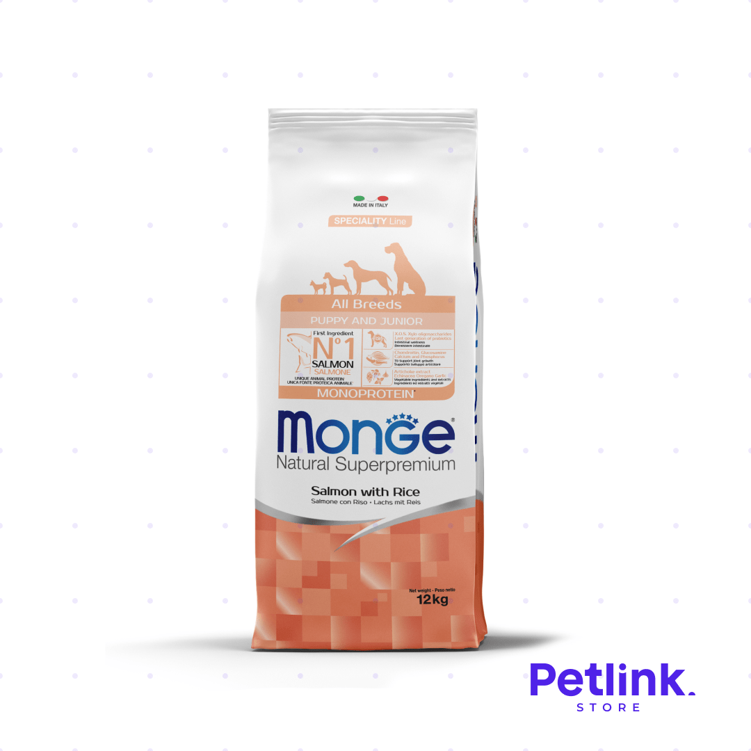 MONGE ALIMENTO SECO PERRO CACHORRO TODAS LAS RAZAS RECETA SALMON Y ARROZ BOLSA 12 KILOS