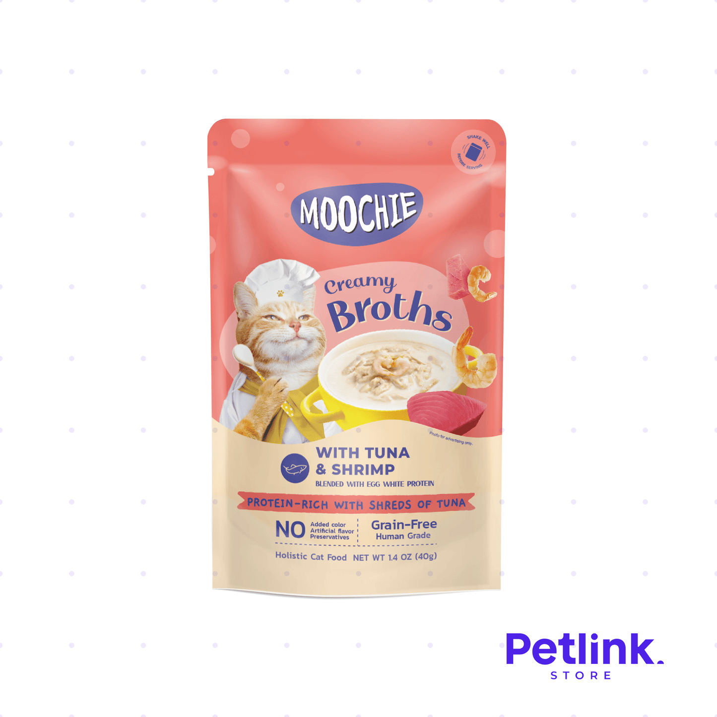 MOOCHIE CREAMY ALIMENTO HUMEDO GATO ADULTO SOPITA CREMOSA RECETA ATUN CON CAMARON SOBRE 40 GRAMOS